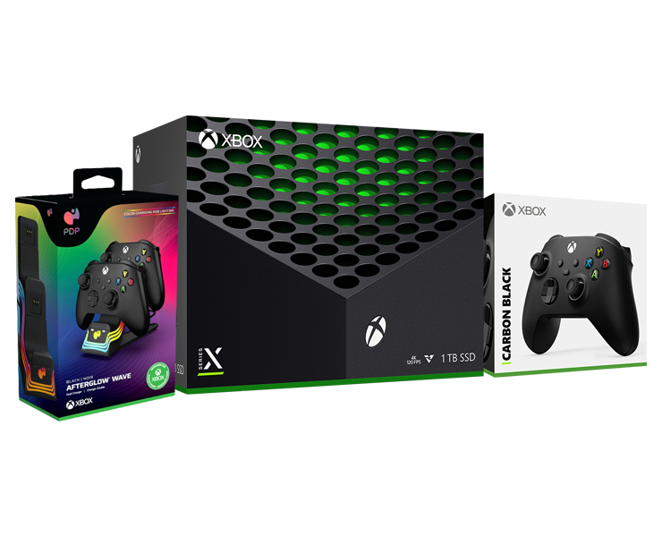 באנדל קונסולת XBOX SERIES X + זוג בקרים שחורים ומטען PDP כפול 