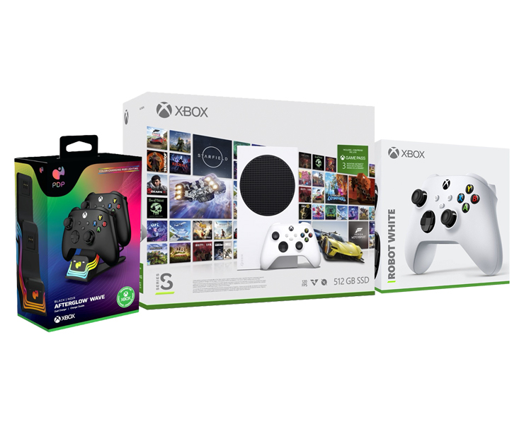 באנדל קונסולת XBOX SERIES X + זוג בקרים לבנים ומטען PDP כפול 