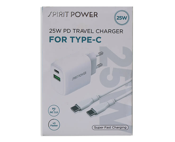 מטען קיר מהיר 25W+כבל 1 מ' SPIRIT TYPEC